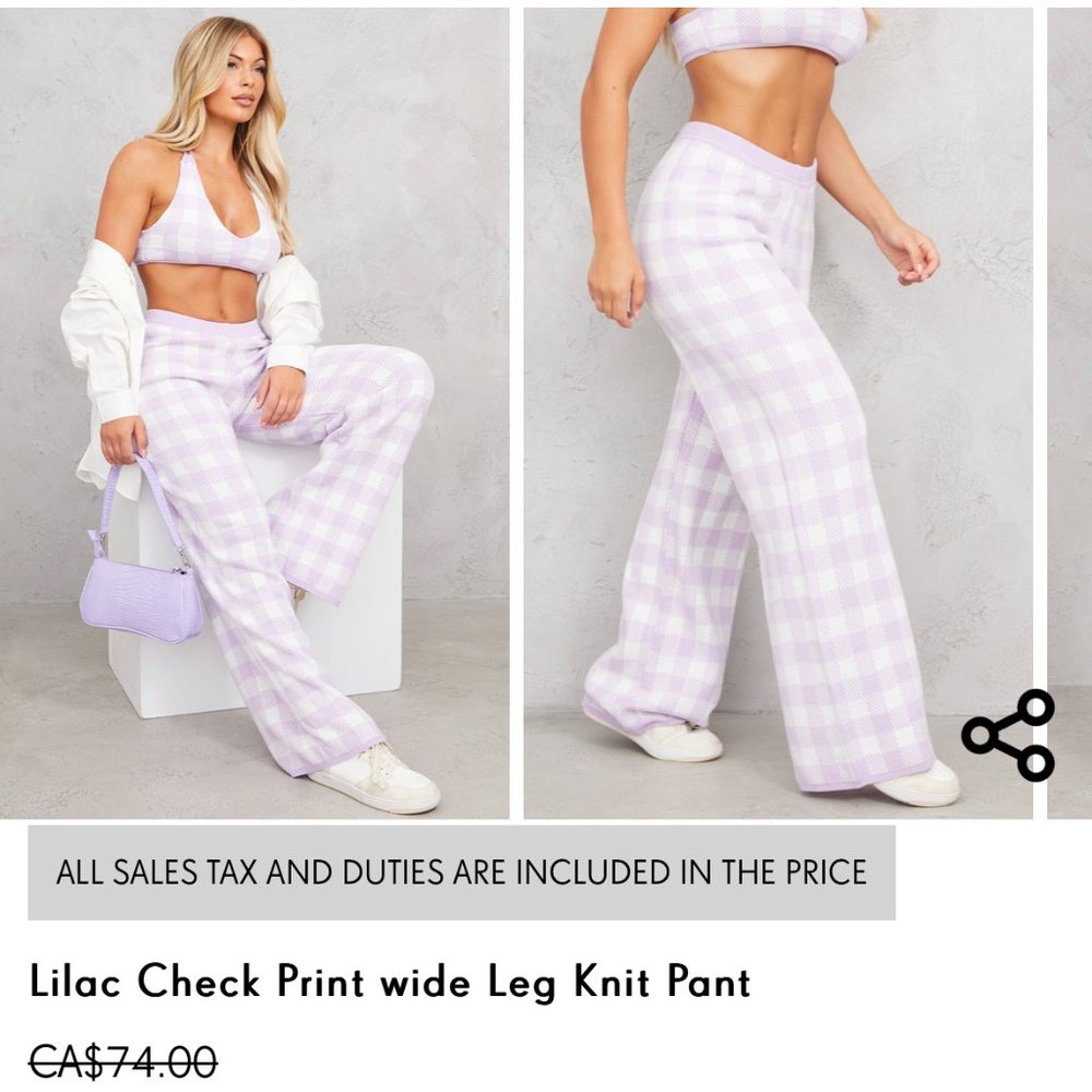 BRAND NEW PrettyLittleThing Lilac Checked Wide Leg Knit Pant